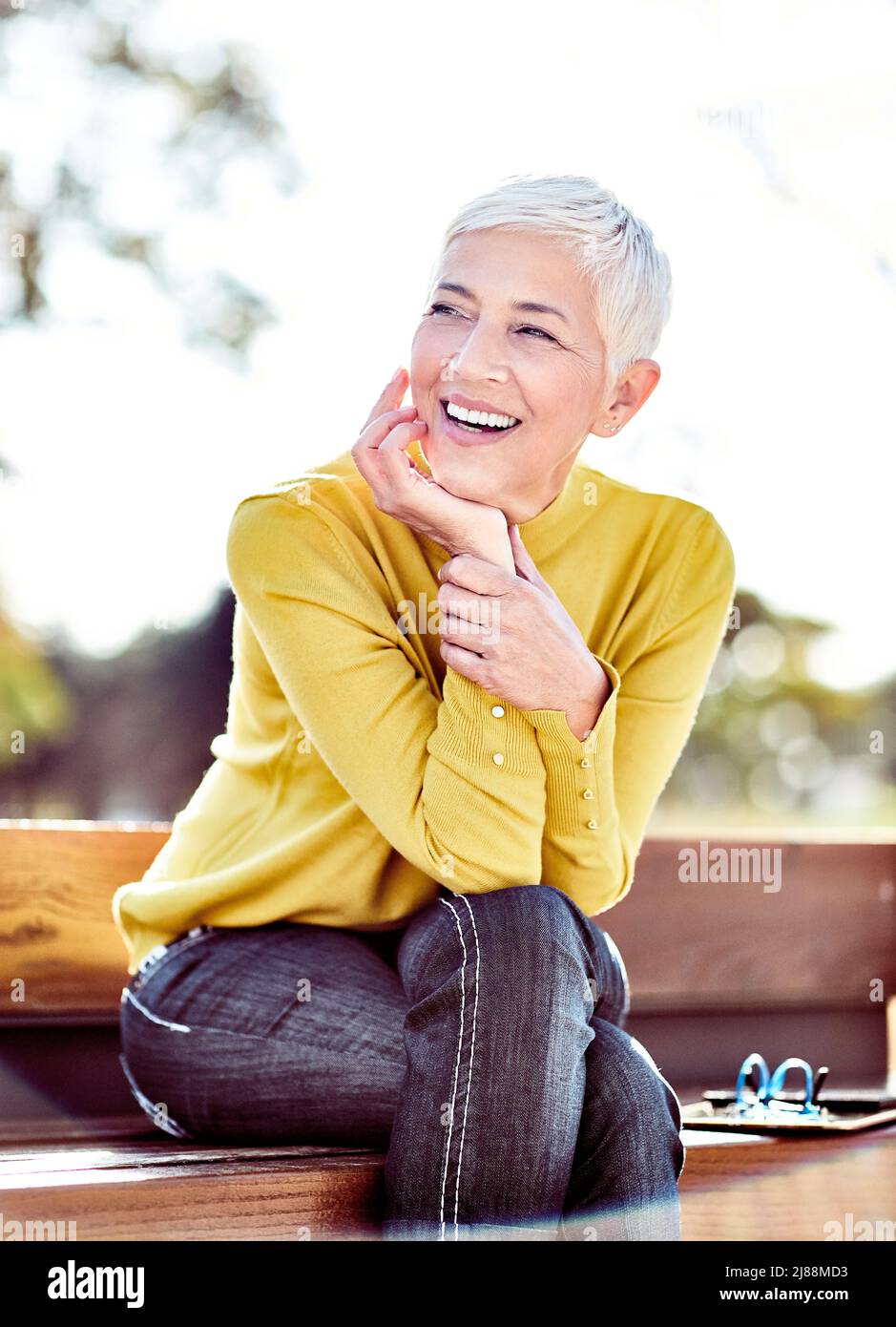 Ältere Frau graues Haar Portrait Schönheit schöne attraktive reife Ruhestand ältere graue Haare Stockfoto