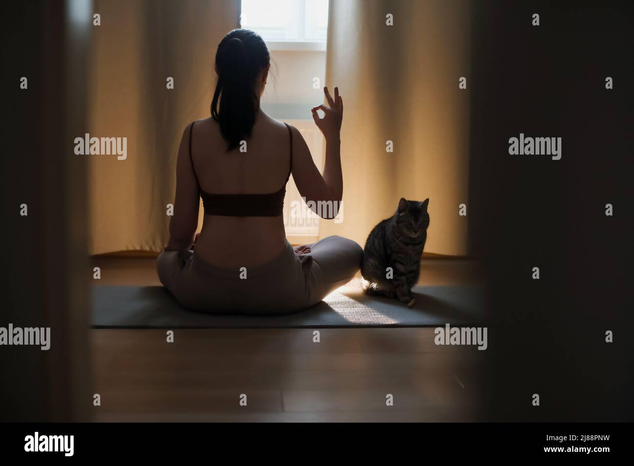 Junge Frau macht Yoga und praktiziert Meditation zu Hause. Meditation und psychische Gesundheit Konzept Stockfoto