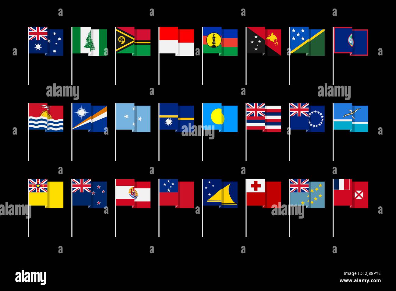 Flaggen von Staaten und abhängigen Gebieten Australiens und Ozeaniens. Ungewöhnliches, spielzeugliches, minimalistisches Grafikdesign. Stock Vektor