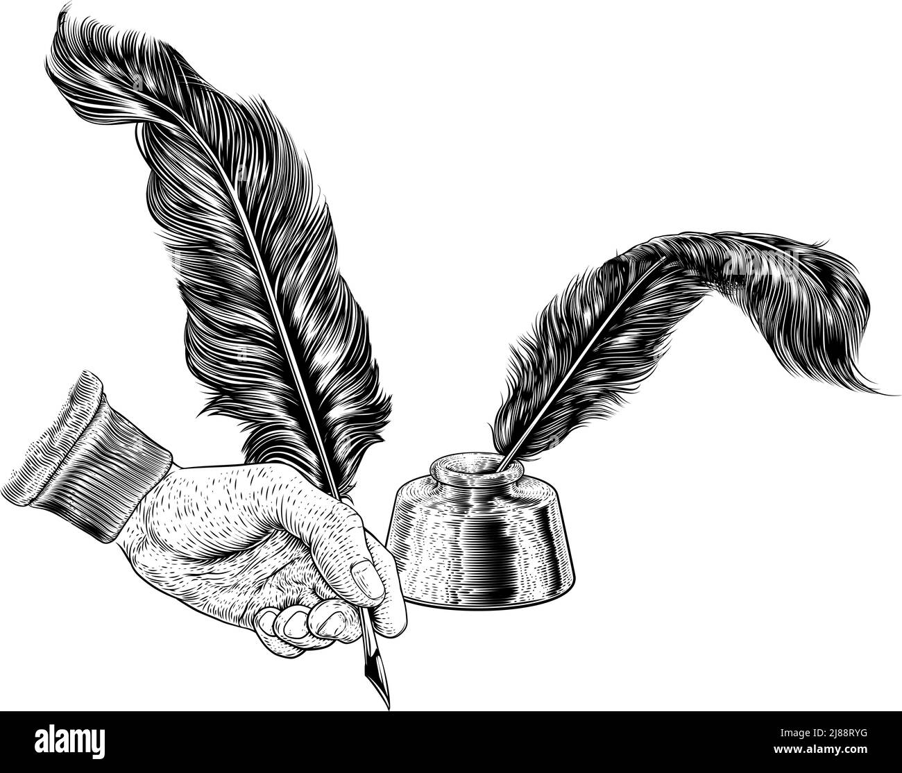 Federfeder Feder Feder Feder Hand Vintage Holzschnitt Print Stock Vektor