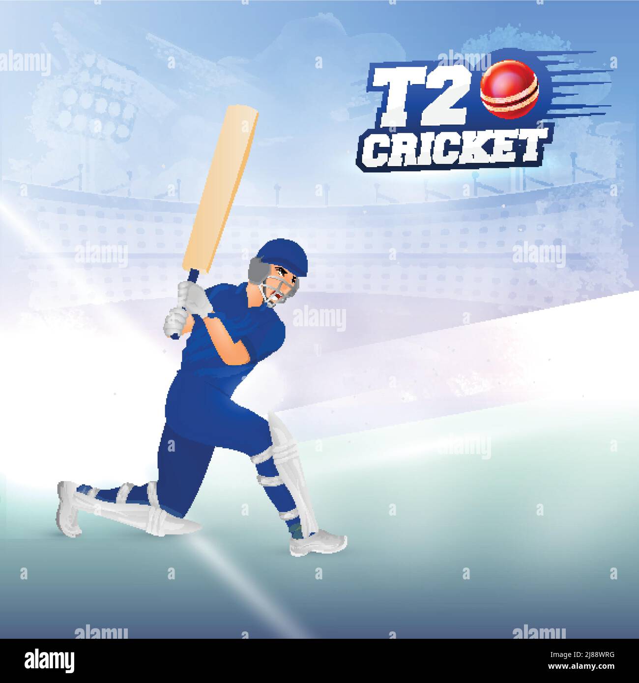 Sticker Style T20 Cricket Font mit Batsman-Spieler in der spielenden Pose auf abstrakt blau glänzenden Stadion Hintergrund. Stock Vektor