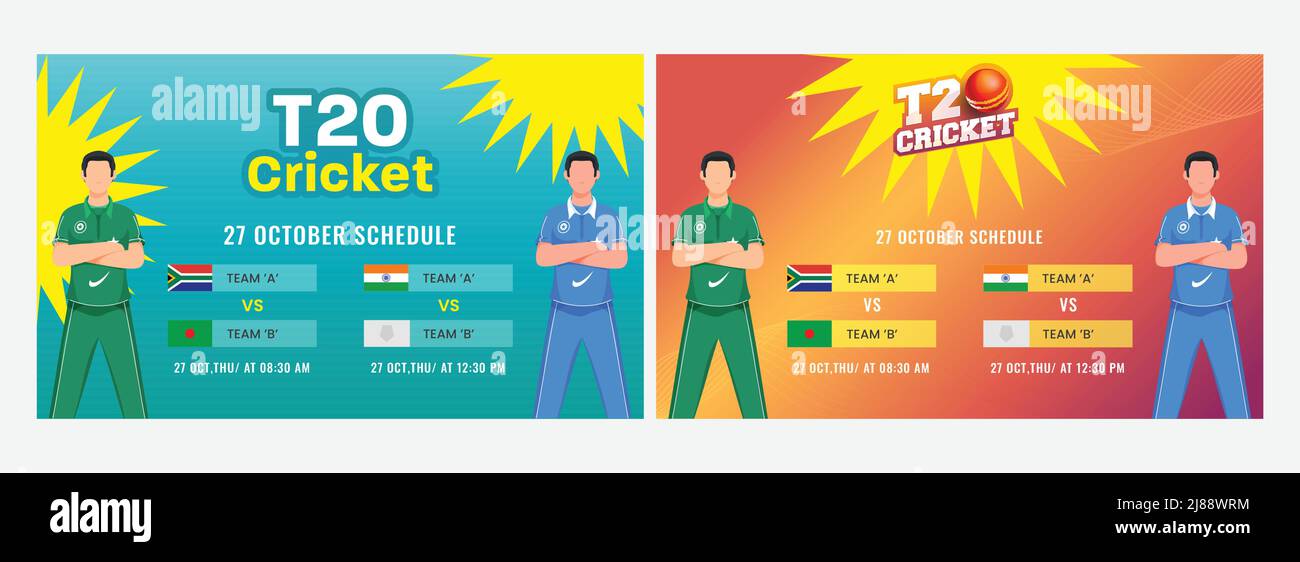 T20 Cricket Match Schedule Banner Design mit Cartoon Cricketer Spieler in zwei Farboptionen. Stock Vektor
