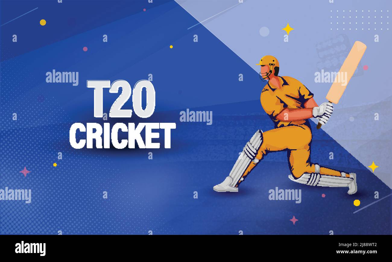 T20 Cricket Championship Banner Design mit Batsman-Spieler in Aktion Pose auf blau gepunktetem Hintergrund. Stock Vektor