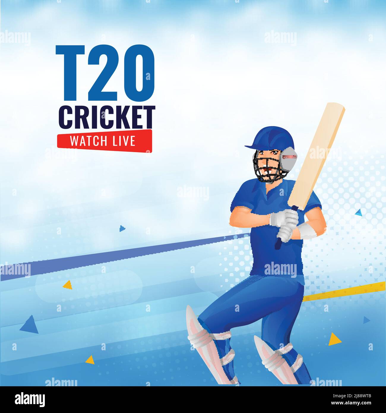 T20 Cricket Watch Live Poster Design mit Batsman Player in der Pose auf blauem und weißem Hintergrund spielen. Stock Vektor