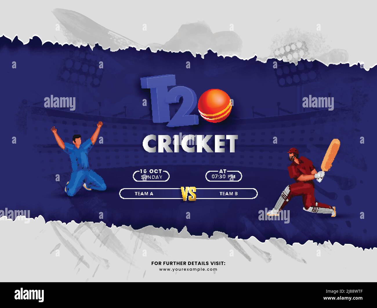 T20 Cricket Match zwischen Team A VS B mit Cartoon Batsman, Bowler Player in Action Pose auf zerrissenem papiergrauem und blauem Hintergrund. Stock Vektor