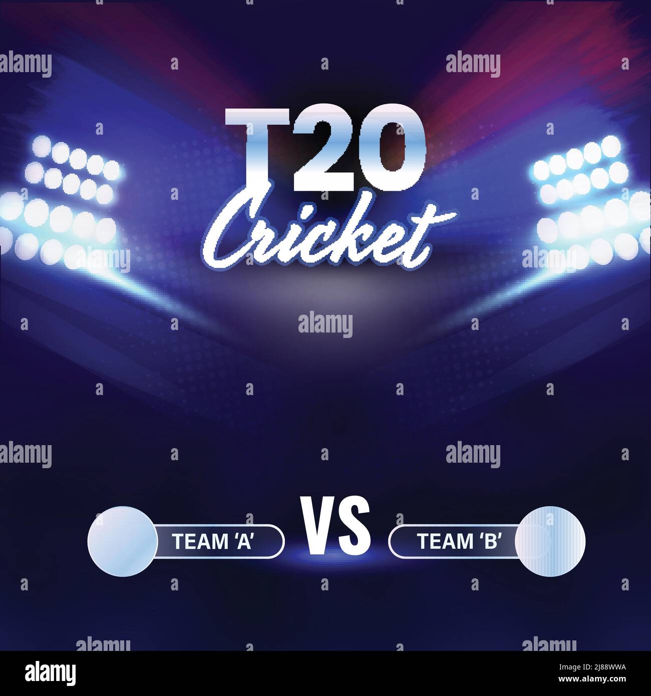 T20 Cricket Match zwischen Team A und B auf dem Hintergrund Blue Stadium Lights. Stock Vektor