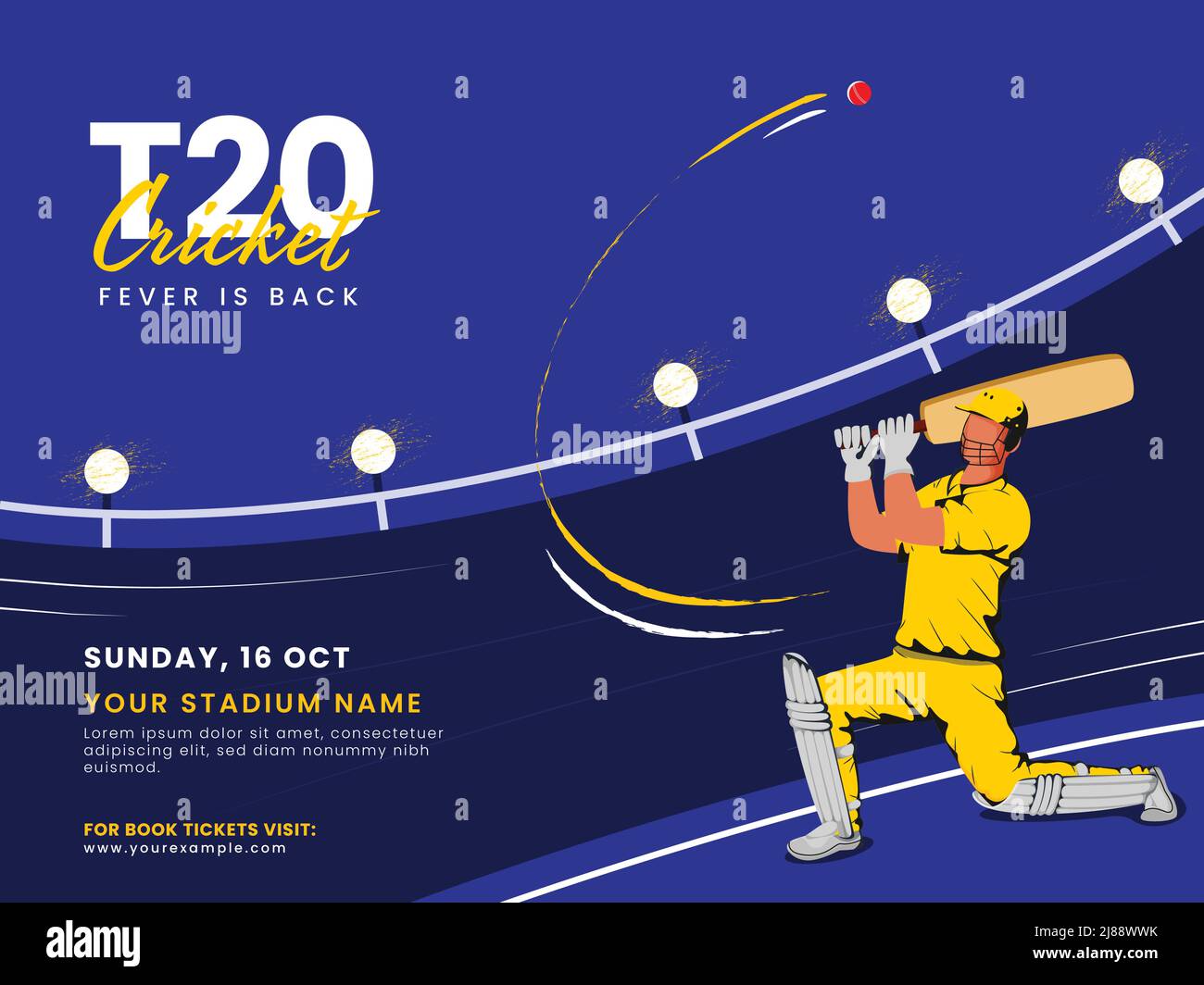 T20 Cricket Fever ist zurück Konzept mit Cartoon Batsman Spieler treffen Ball auf blauem Hintergrund. Stock Vektor