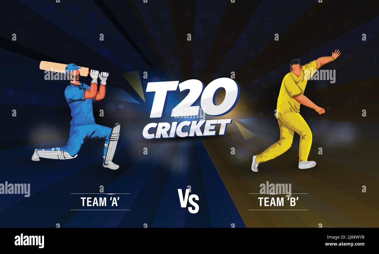 T20 Kricketbanner-Design mit gesichtslosem Batsman, Bowler-Spieler des teilnehmenden Teams A VS B auf blauem und braunem Strahlenhintergrund. Stock Vektor
