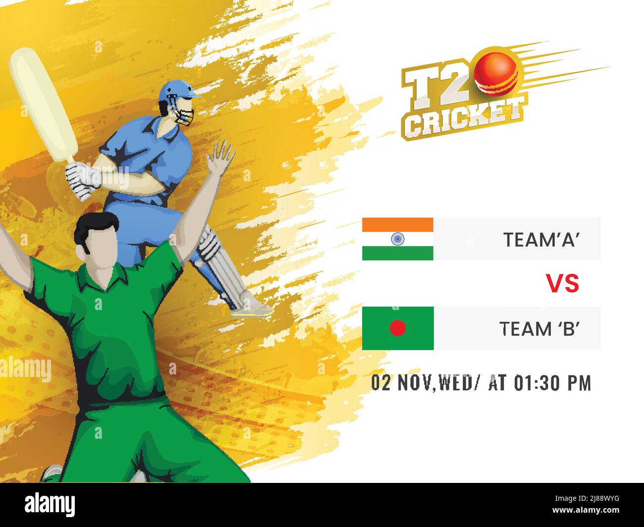 T20 Cricket Match zwischen Indien und Bangladesch mit Cartoon Batsman, Bowler Player und Yellow Brush Effect auf weißem Hintergrund. Stock Vektor