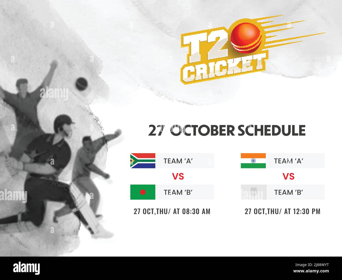 T20 Cricket-Spielplan mit teilnehmenden Ländern und verschwommenen Cricketspielern auf grauem Hintergrund. Stock Vektor