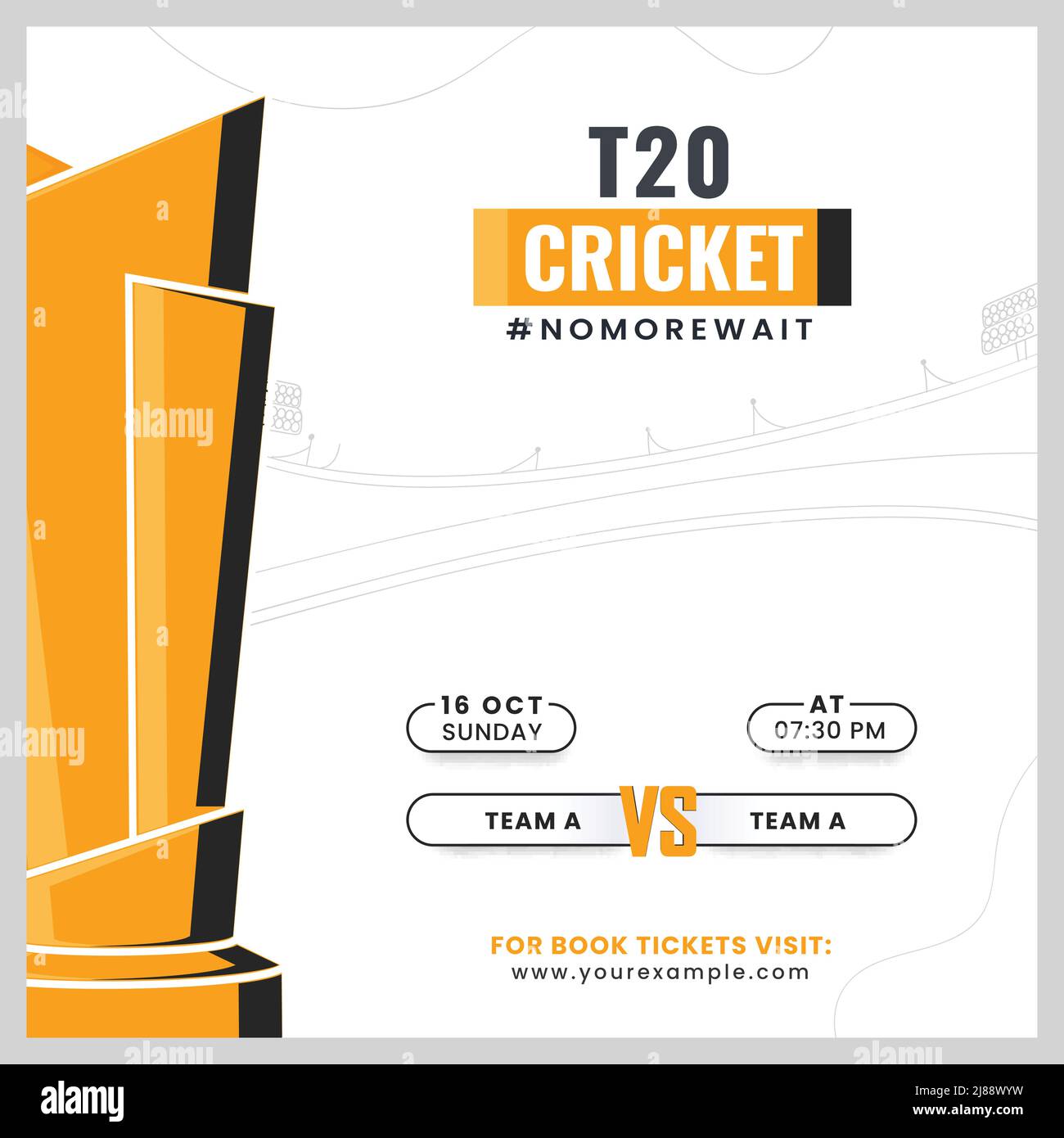 T20 Cricket Poster Design mit Siegertrophäe Cup und teilnehmendem Team A VS B auf weißem Hintergrund. Stock Vektor