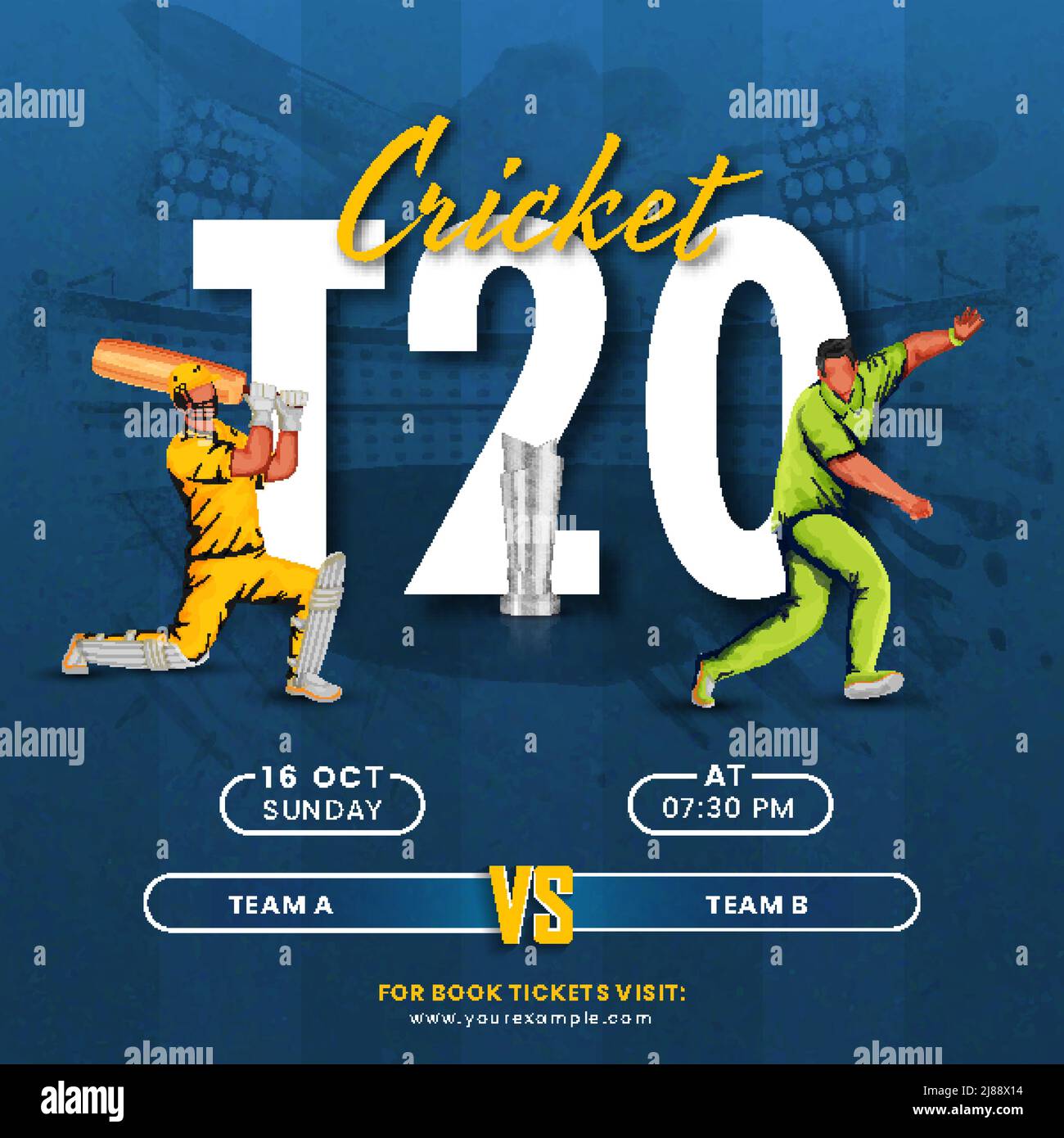 T20 Cricket-Match zwischen Team A und B mit dem Gewinn des Silver Trophy Cup, dem gesichtslosen Batsman und dem Bowler-Spieler auf dem Blue Grunge-Hintergrund. Stock Vektor