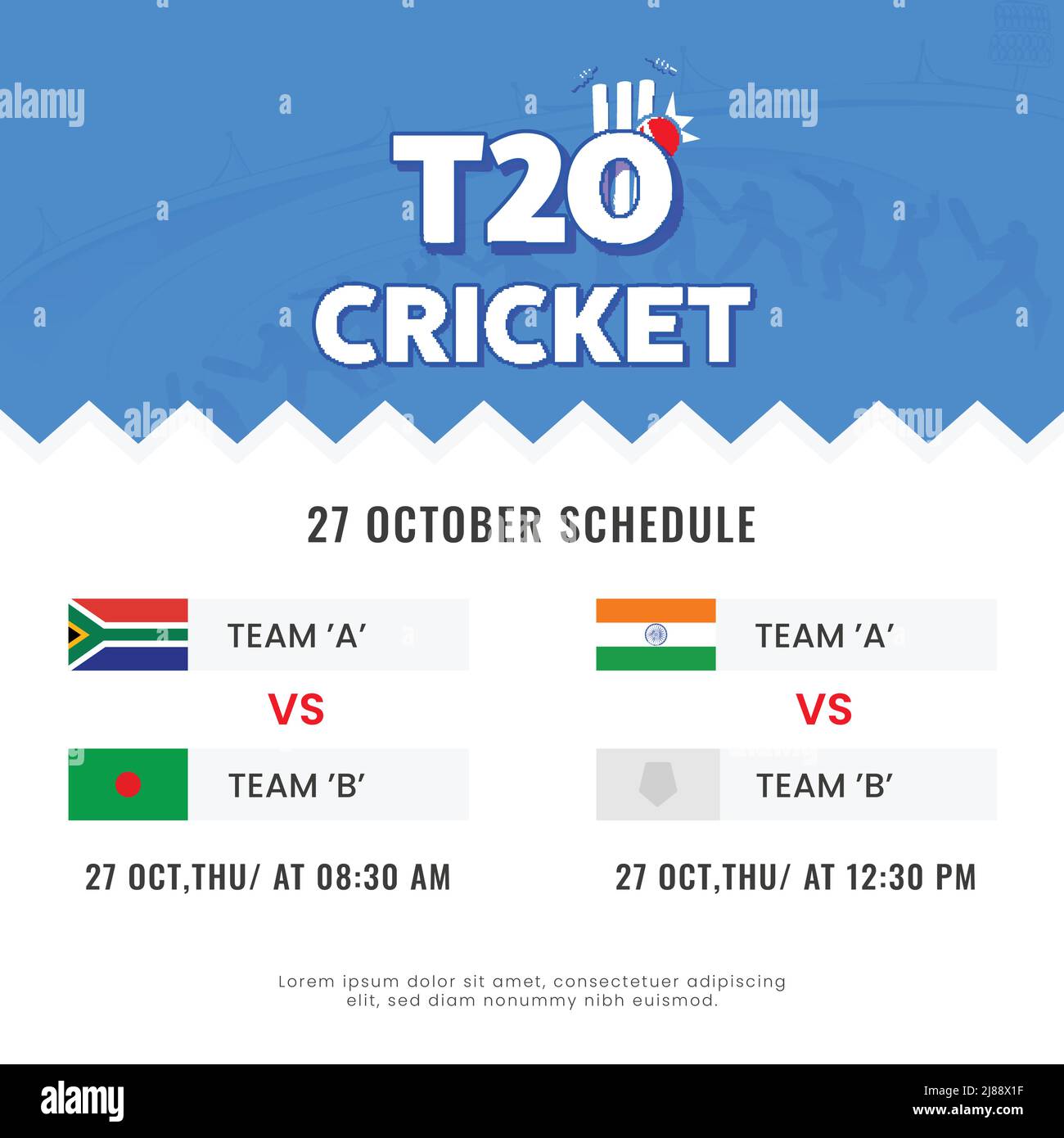 T20 Cricket-Spielplan Zeittabelle auf blauem und weißem Hintergrund. Stock Vektor