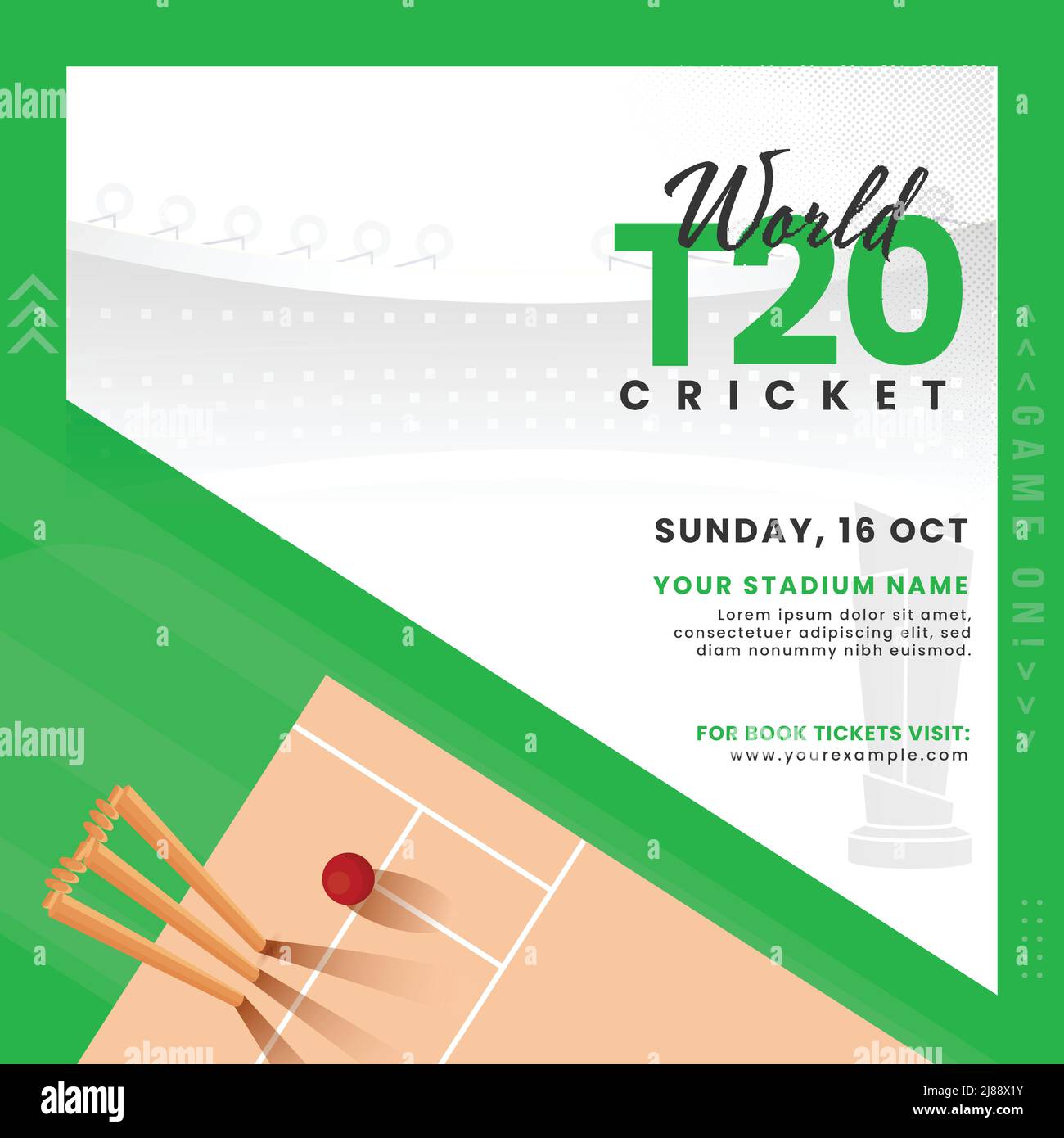 World T20 Cricket Match Poster oder Template Design mit Draufsicht auf Spielplatz auf weißem und grünem Hintergrund. Stock Vektor