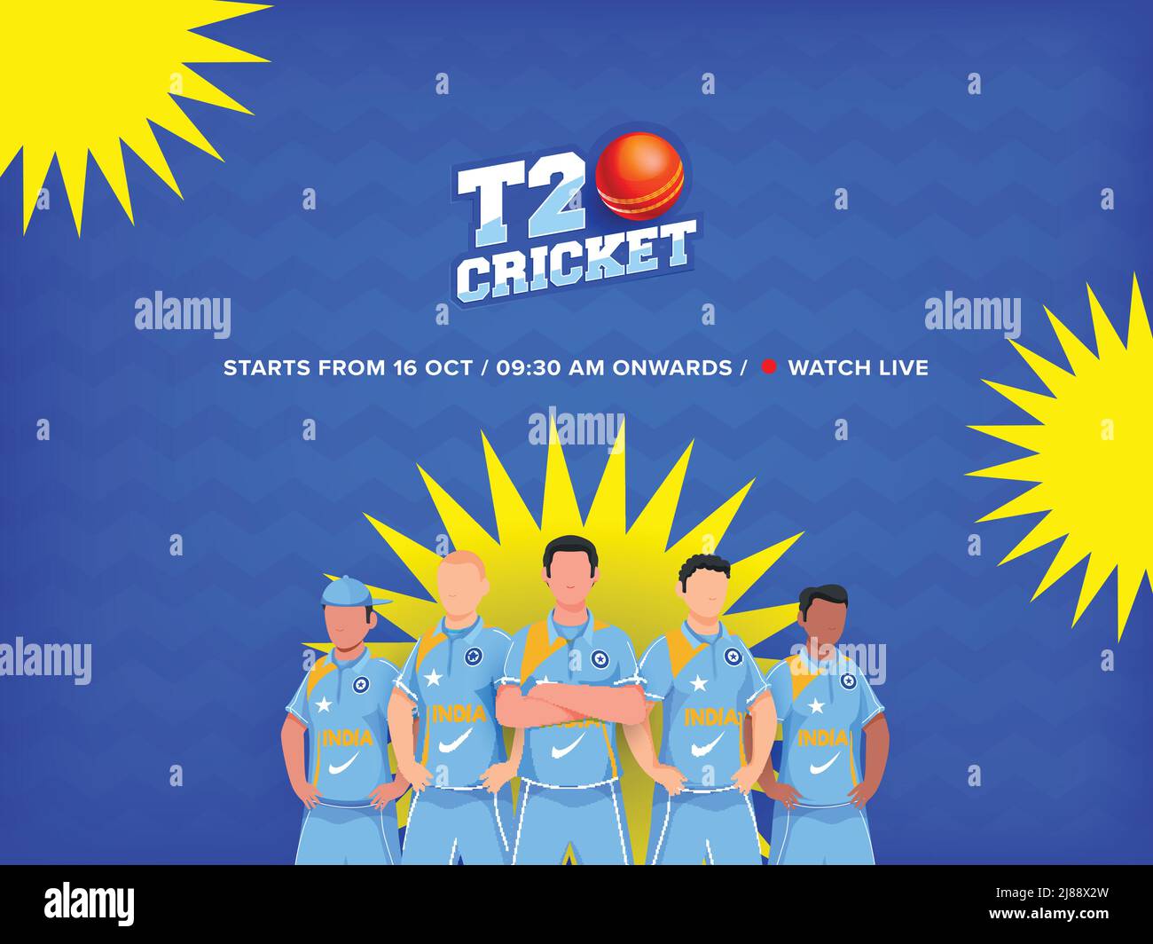 Sticker Style T20 Cricket Font mit Red Ball, Faceless Indien Cricketer Spieler Team auf Gelb und Blau Zigzag Linien Hintergrund. Stock Vektor