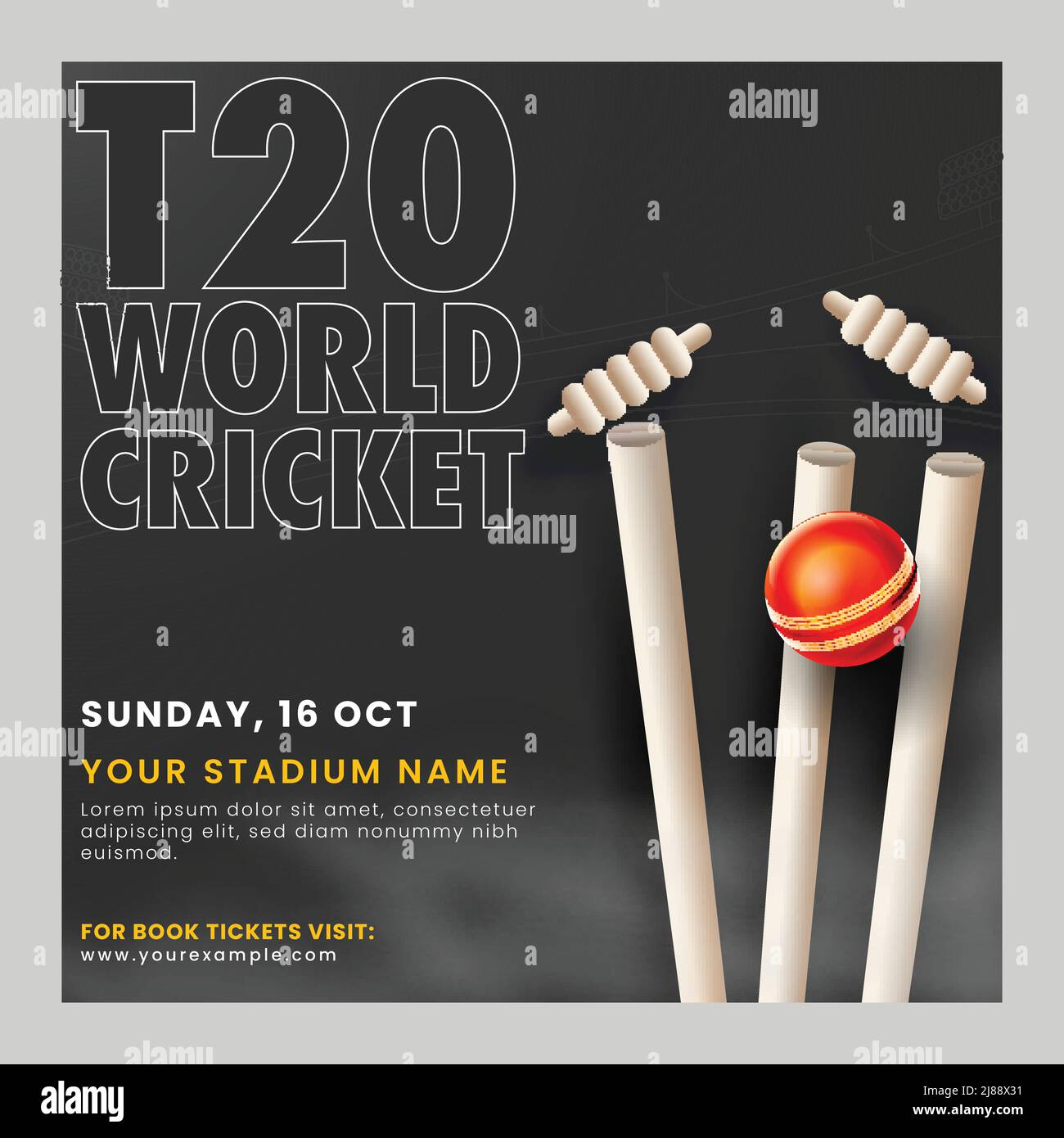 T20 World Cricket Match Poster oder Template Design mit realistischem Red Ball schlagen Wicket Stump auf schwarzem Hintergrund. Stock Vektor