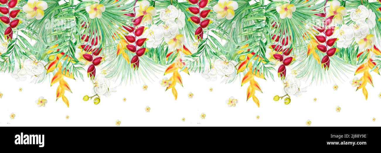 Aquarell-Illustration von tropischen Blättern und exotischen Blumen. Handgezeichneter tropischer Hintergrund. Nahtlose Bordüre für Karten und Hochzeitsdesign. Hintergrundbild Stockfoto