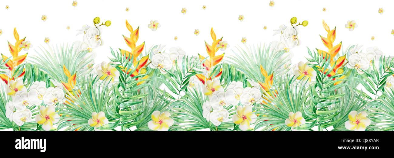 Von Hand gezeichnete Heliconia-Blüten und Blätter tropischer Pflanzen. Nahtlose Linie horizontales Muster mit Aquarell exotischen grünen tropischen Wald Laub und Stockfoto