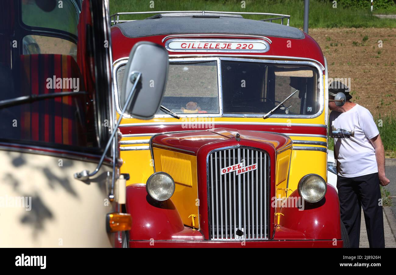 Weikersheim, Deutschland. 14.. Mai 2022. Ein Besucher bewundert einen Opel Blitz 'Gilleleje' vom 1930s beim internationalen Oldtimer-Bustreffen. Quelle: Karl-Josef Hildenbrand/dpa/Alamy Live News Stockfoto