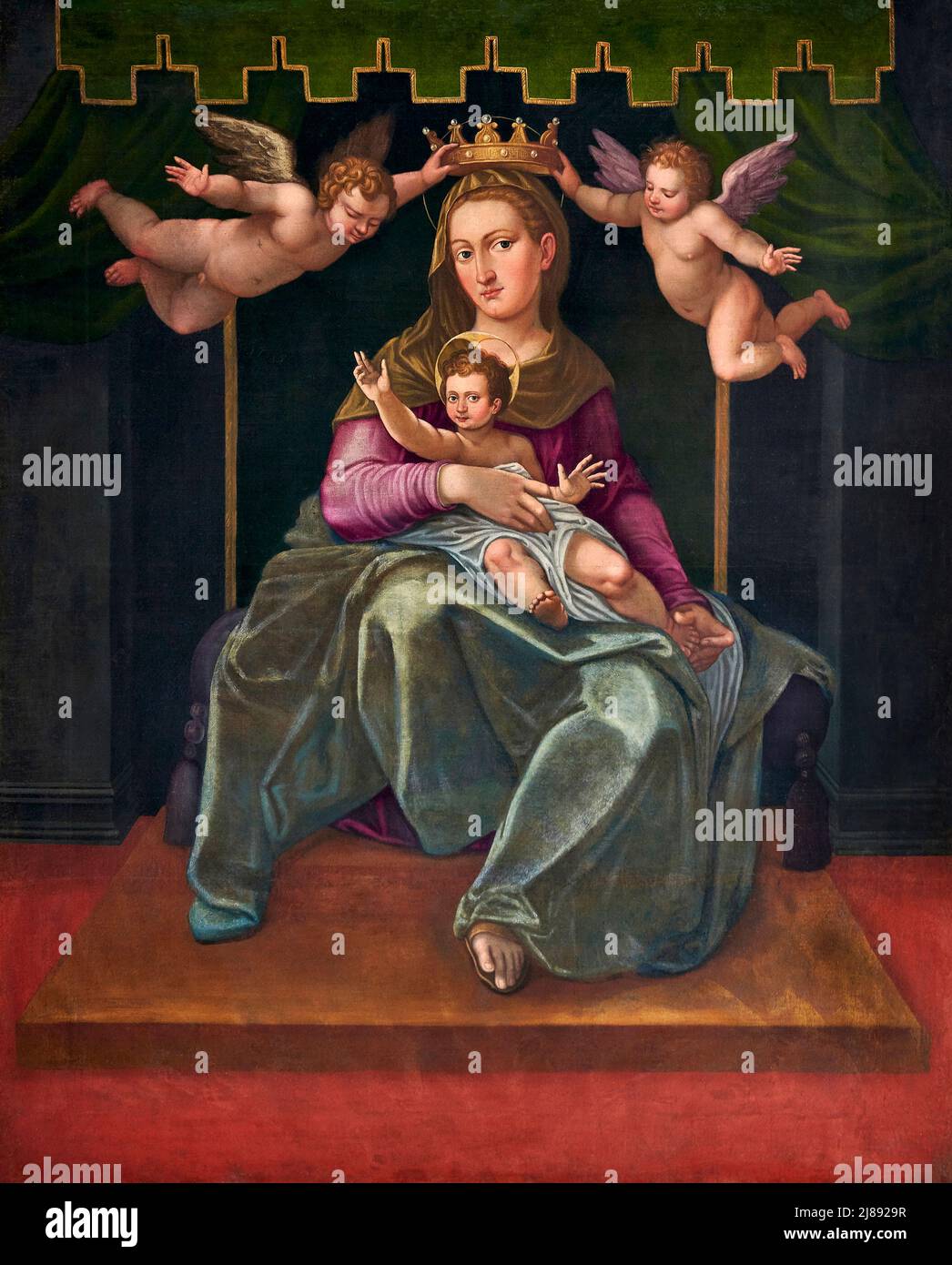 Madonna col Bambino in trono incoronata da angeli olio su tela