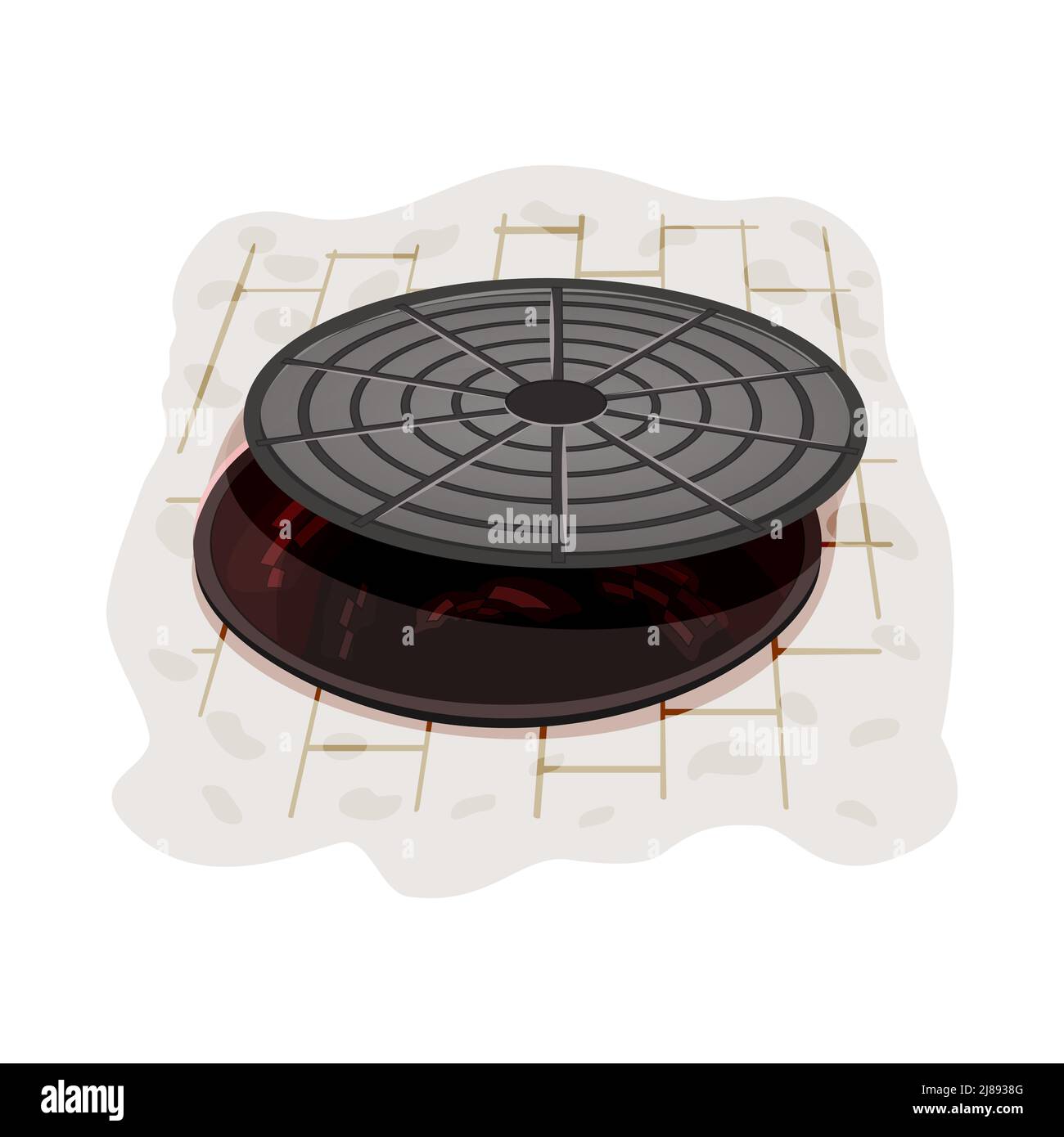 Öffnen Sie das Mannloch auf dem Bürgersteig. Offene Kanalabdeckung auf der Straße. Gefährlicher Abwasserkanal ohne Deckel. Straßenbauarbeiten und städtische Infrastruktur. Vektorgrafik Stock Vektor