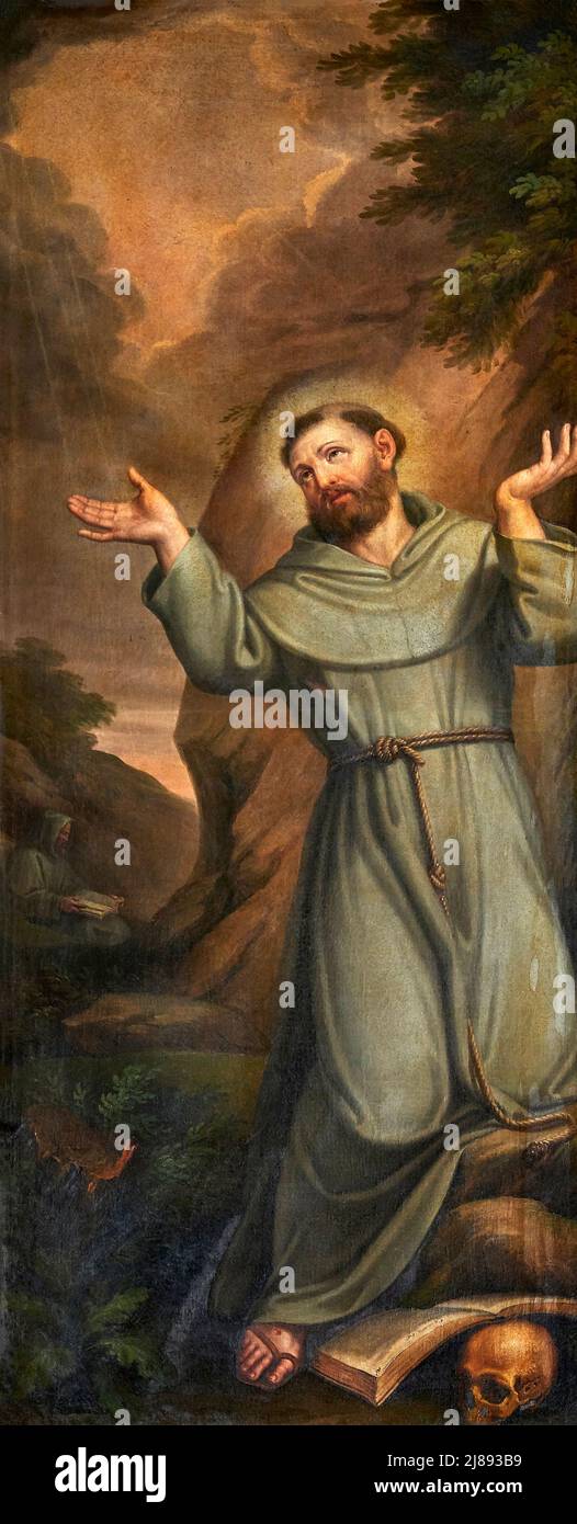 San Francesco d’ Assisi - olio su tela - pittore emiliano del XVII secolo - Ranica (BG) ,Italia,chiesa parrocchiale dei Santi Sette Fratelli Martiri Stockfoto