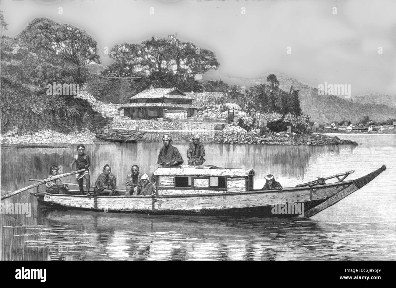 ''Ein Hausboot in Japan', 1888. Von „The Graphic. An Illustrated Weekly Newspaper Volume38. Juli bis Dezember, 1888'. Stockfoto