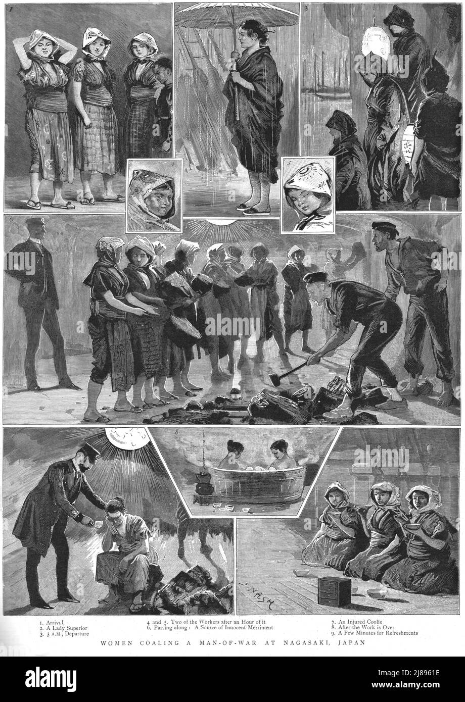 ''Women Coaling a man-of war in Nagasaki, Japan', 1888. Aus, 'The Graphic. An Illustrated Weekly Newspaper Band 38. Juli bis Dezember, 1888'. Stockfoto
