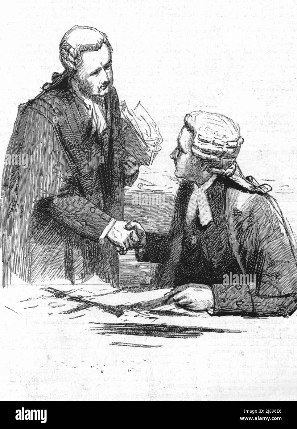 „Die Parnell-Kommission bei den Royal Courts of Justice; der Gruß vor dem Duell, Sir Richard Webster (Leading council for the Times) schüttelt die Hände mit Sir Charles Russell (Leading council for the Irish Members)“, 1888. Von „The Graphic. An Illustrated Weekly Newspaper Band 38. Juli bis Dezember, 1888'. Stockfoto