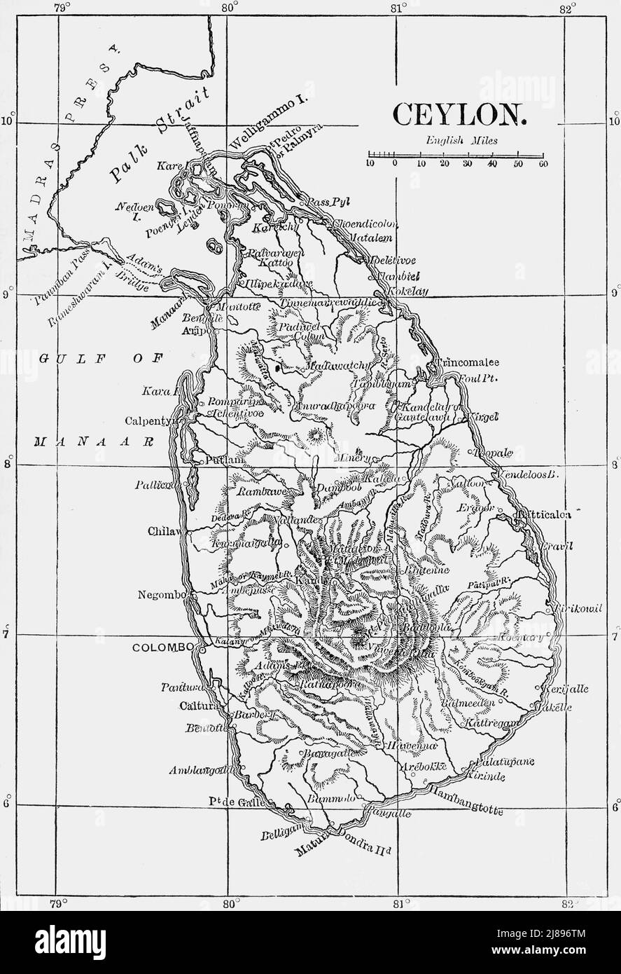 'Karte von Ceylon', c1891. Aus "Cassell's Illustrated History of India Vol. I.", von James Grant. [Cassell Petter &amp; Galpin, London, Paris und New York] Stockfoto