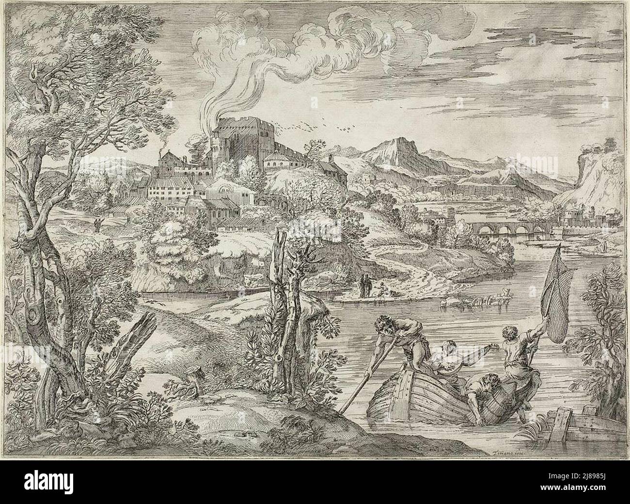 Landschaft mit einem Luteplayer, 1627. Stockfoto