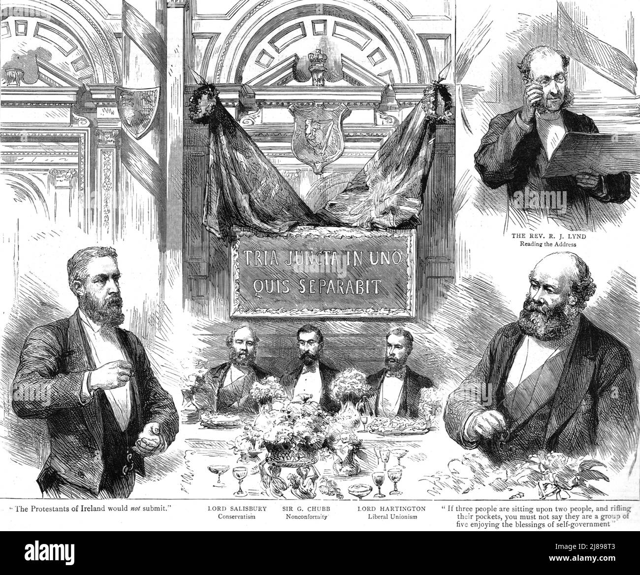 ''Bankett, das Lord Salisbury und Hartington von der Nonkonformistischen Unionistischen Vereinigung geschenkt wurde', 1888. Von „The Graphic. An Illustrated Weekly Newspaper Band 38. Juli bis Dezember, 1888'. Stockfoto