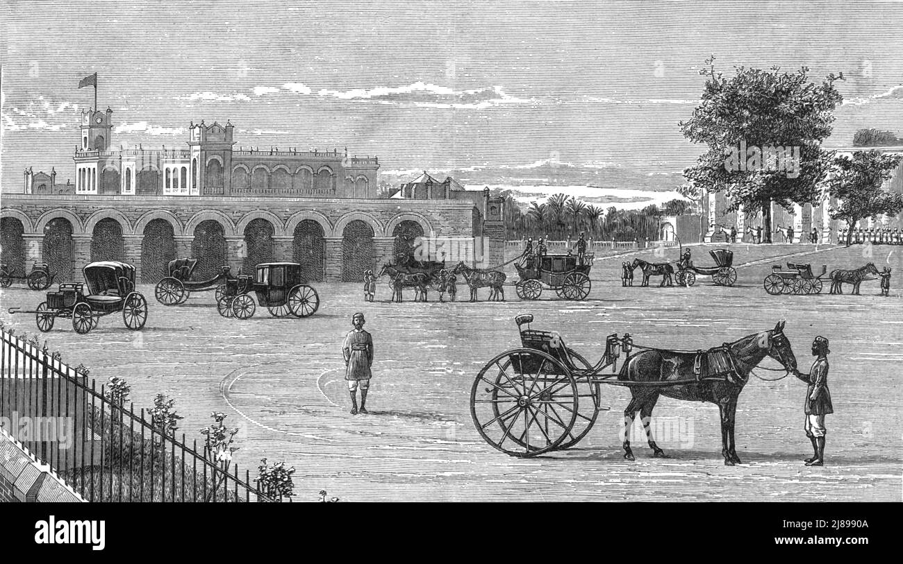 ''ein indischer Prinz zu Hause; der Palast und das Gelände des Maharadscha von Dharbhanga, K.C.I.E., in der Patna Division von Behar; der Stallhof', 1888. Von „The Graphic. An Illustrated Weekly Newspaper Band 38. Juli bis Dezember, 1888'. Stockfoto