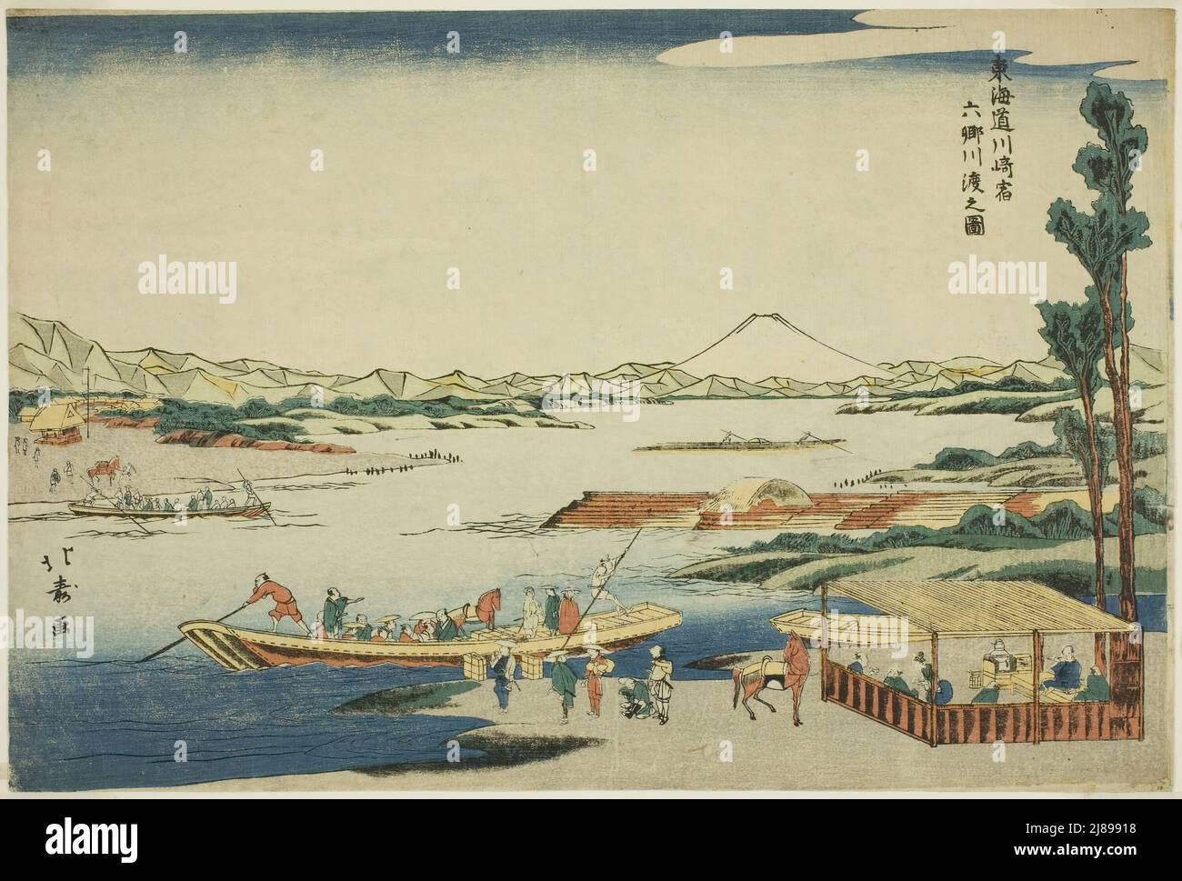 Ansicht der Rokugo River Crossing an der Kawasaki Station (Kawasaki-Juku Rokugo kawa watashi no zu), aus der Serie "Tokaido Road (Tokaido)", c. 1789/1818. Stockfoto