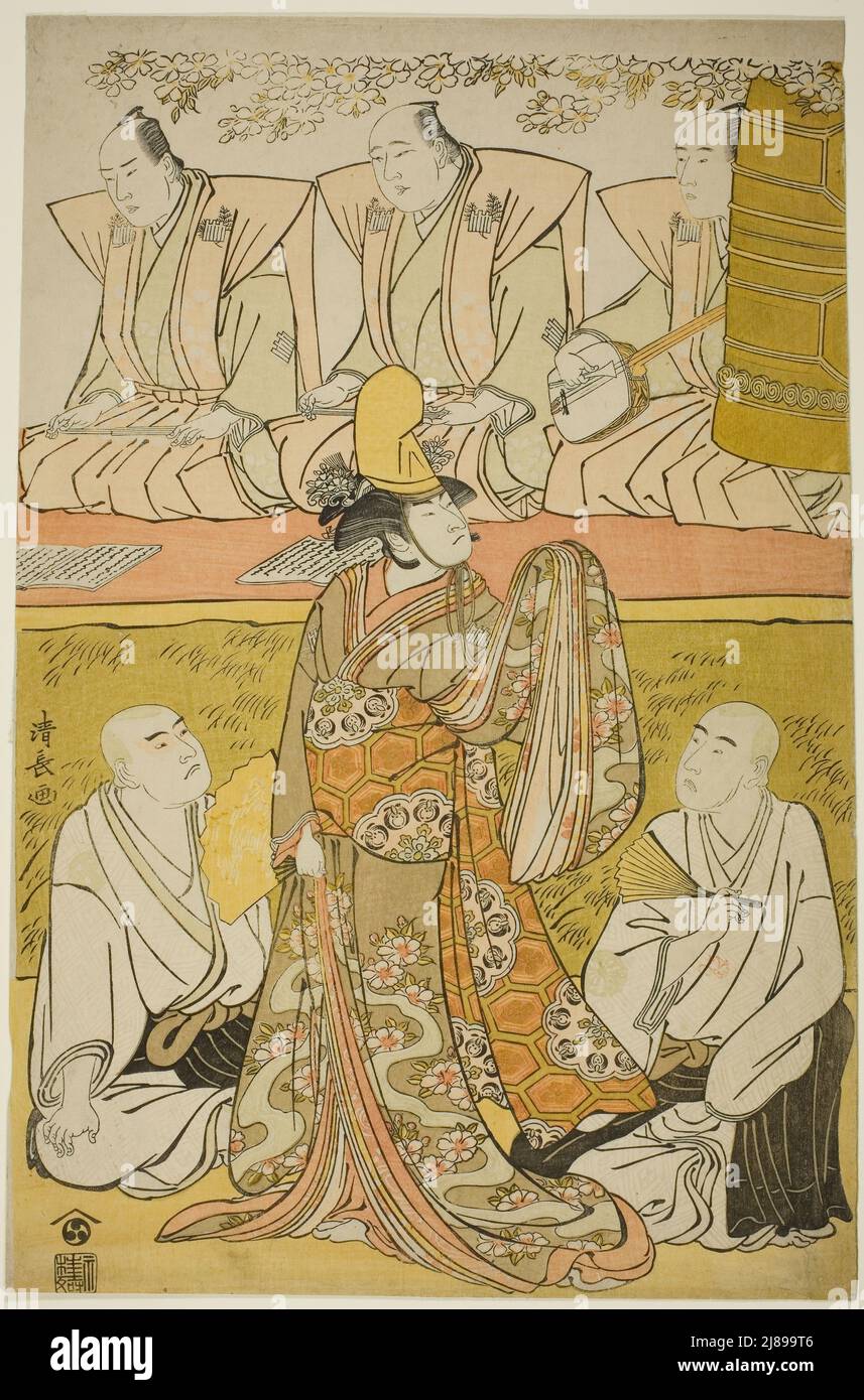 Der Schauspieler Nakamura Nakazo I als Shirabyoshi Katsuragi, Matsumoto Koshiro IV als Mönch Meigetsubo und Otani Hiroji III als Mönch Izayoibo im Stück "Edoganoko Musume Dojoji", das im achten Monat, 1783, 1783, im Ichimura Theater aufgeführt wurde. Stockfoto