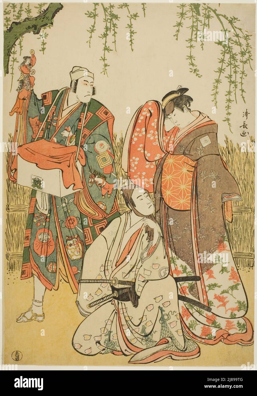 Die Schauspieler Ichikawa Yaozo III als Shiragiku, Ichikawa Danjuro V als Puppenspieler Dekurokubei und Sawamura Sojuro III als Soga no Juro in den Joruri „Shinobukoi Yanagi no Katsura Otoko“ traten im ersten Monat, 1785, 1785, im Nakamura Theater auf. Stockfoto