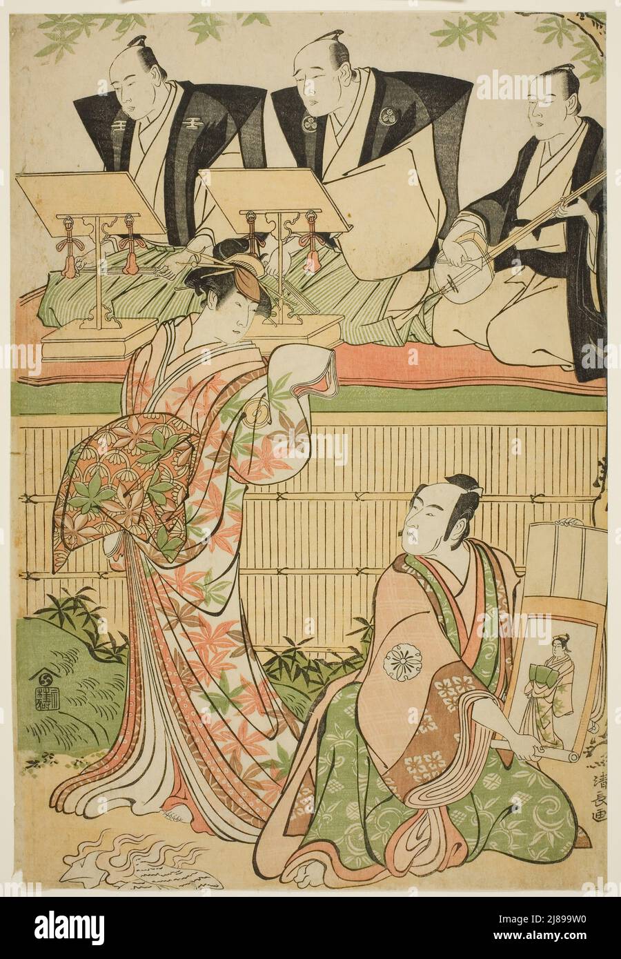 Die Schauspieler Matsumoto Koshiro IV als Ukita Sakingo und Sawamura Sojuro III als Geist des Kurtisanen Takao im Stück "Ominaeshi Sugata no Hatsuaki", aufgeführt am Nakamura Theater, 1788, 1788. Stockfoto