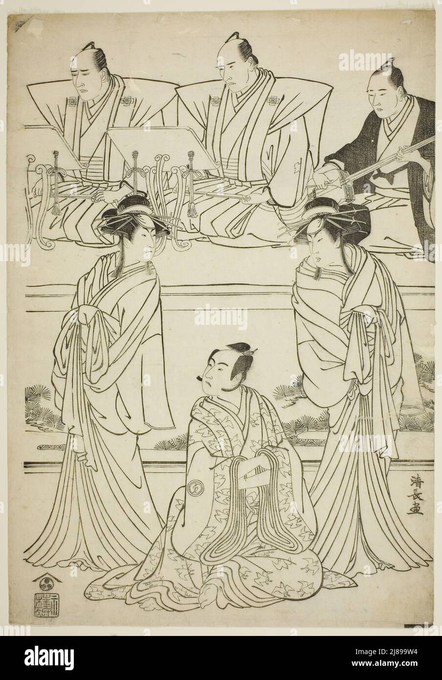 Die Schauspieler Segawa Kikunojo III als Geist von Yatsuhashi, Sawamura Sojuro III als Soga no Juro und Ichikawa Danjuro V als Geist von Seigen im Stück "Sono Omokage Matsu ni Sakura", das im ersten Monat, 1783, 1783, im Nakamura Theater aufgeführt wurde. Stockfoto