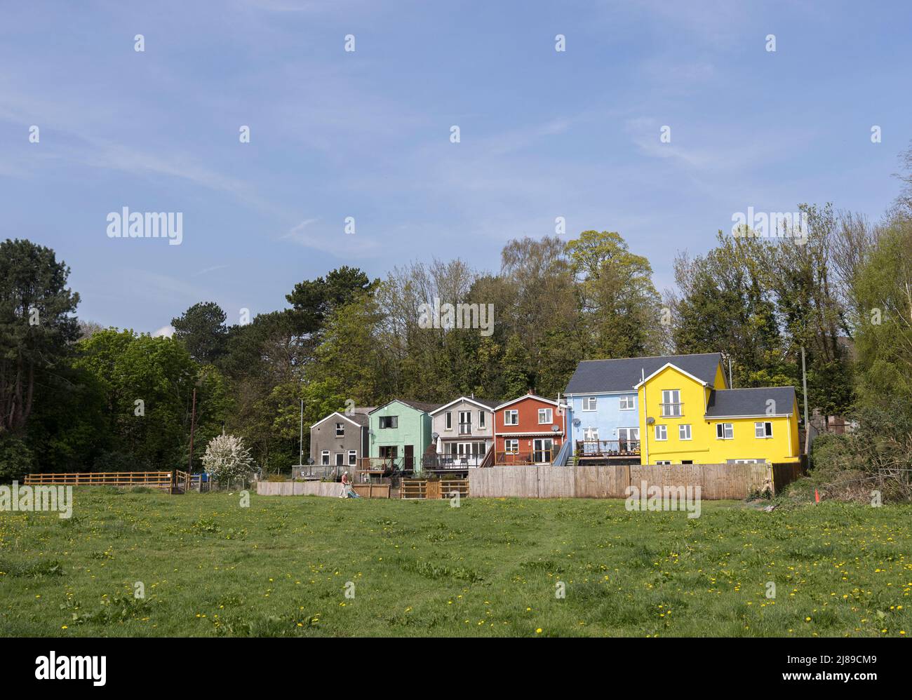 Reihe von bunt bemalten Häusern, Abergavenny, Wales, Großbritannien Stockfoto