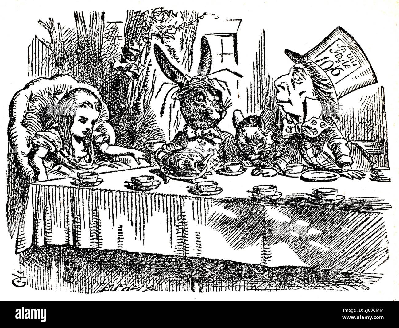 John Tenniel Illustration von The Mad Hatter's Tea Party aus Alice im Wunderland von Lewis Carroll Stockfoto