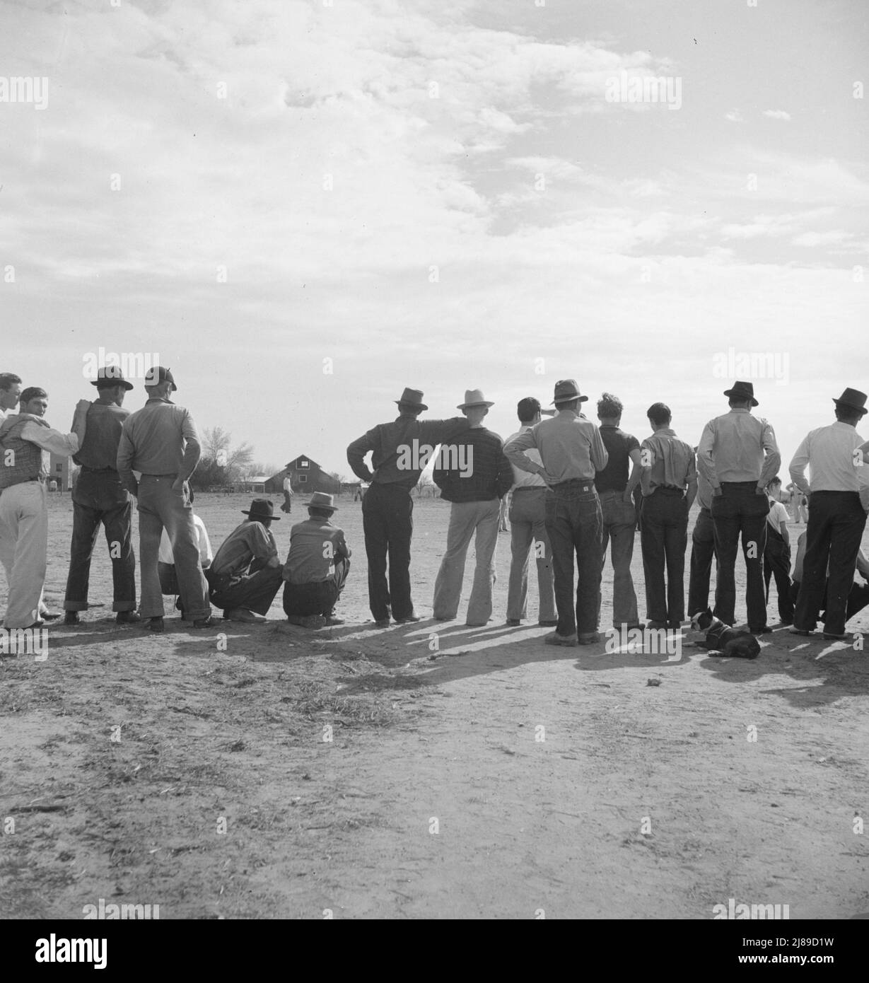 Ballspiel beobachten. Shafter-Lager für Migranten. Kalifornien. Stockfoto