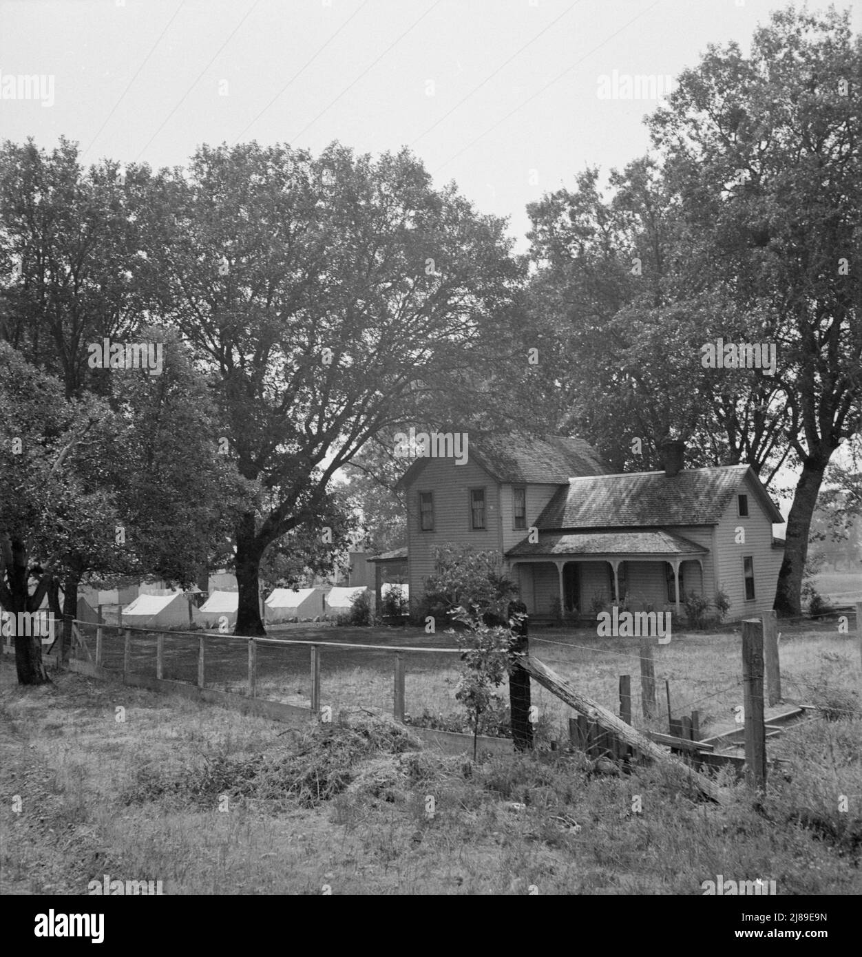 Das Haus des Hop-Züchters am Rogue River, mit dem Zeltlager, das er für seine Pflücker im Hintergrund bereitstellt. Oregon, Josephine County, in der Nähe von Grants Pass. . Stockfoto