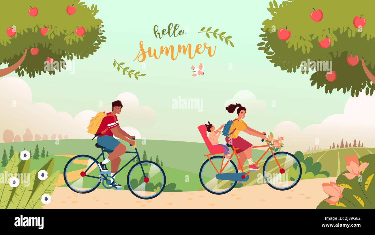 Fahrradtour im Sommer. Hallo Sommerkonzept. Landschaft mit niedlichen Paar auf der Straße Radfahren und Schriftzug. Landschaft, Bäume mit Äpfeln und Blumen. Vektorgrafik im flachen Stil. Stock Vektor