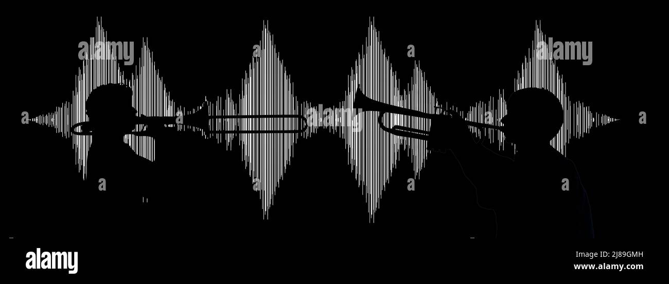 Ein Equalizer-Sound-Lohn-Graph ist der Hintergrund für einen Silhouetten-Posaunisten und einen Trompetenmusiker in dieser 3-d-Illustration. Stockfoto