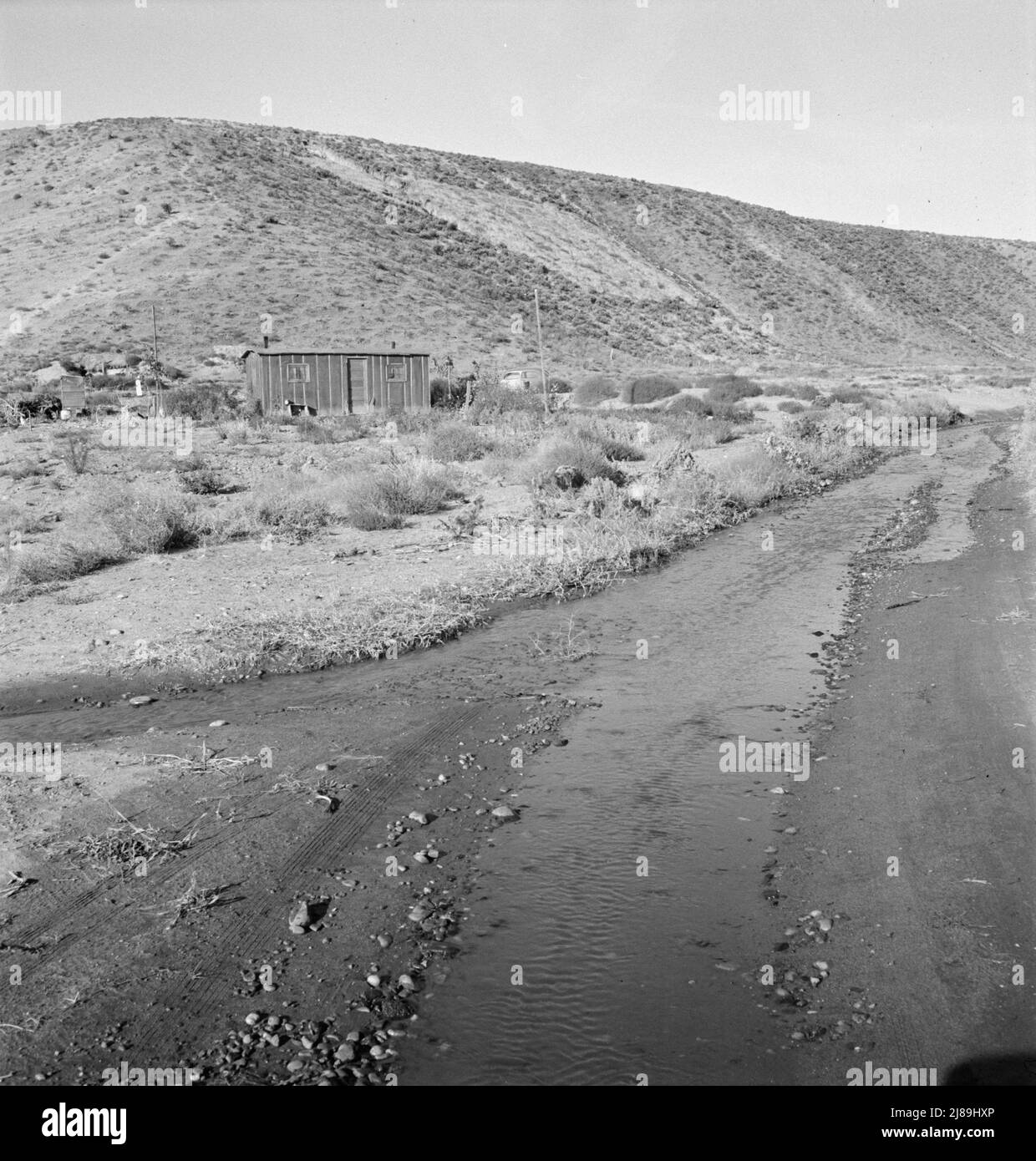 Unter der Bank, zeigt den Zustand der Straße, die bis zum neuen Bauernhof aufgrund von Sickern von Bewässerungswasser führt. Die Familie, die in der Hütte lebt, ist seit einem Jahr auf dem Land. „Wir verstehen uns, aber es ist schrecklich langsam.“ Dead Ox Flat, Malheur County, Oregon. Stockfoto