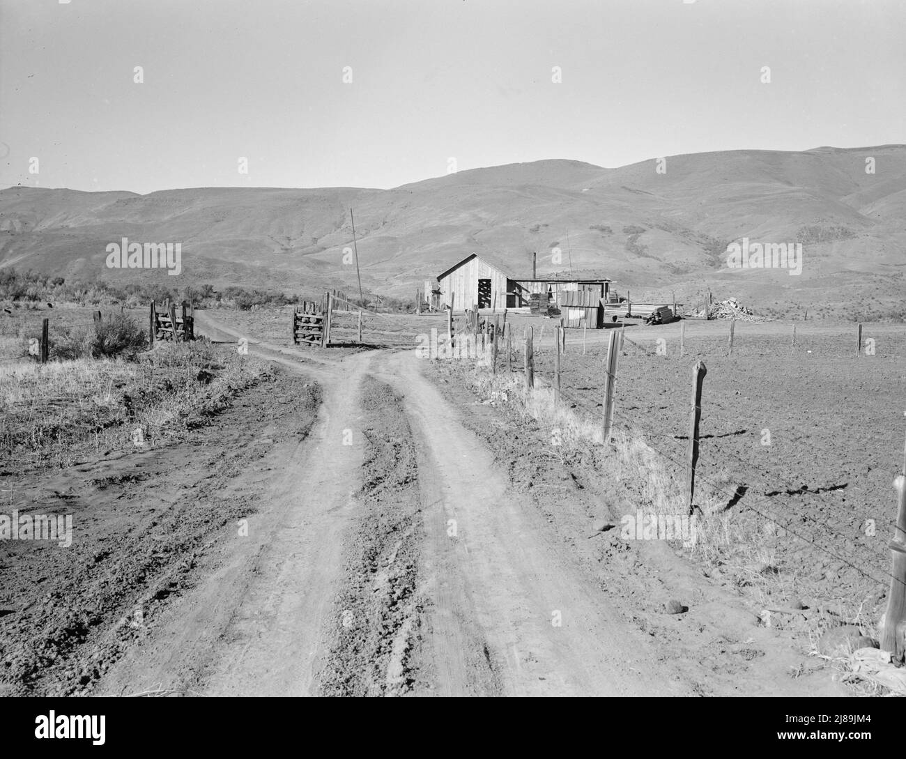 Ein neues Haus für Nachkommen der alten Idaho-Familie, jetzt ein Mitglied der Ola-Selbsthilfe-Sägewerk Co-op Gem County, Idaho. Das Holz wurde von der Fabrik geliefert. Seine Vorratsgebühren für Bauholz betrangen sechsundsechzig Dollar, Fenster und Türen weitere fünfunddreißig Dollar. Beachten Sie den Holzstapel im Hof. Stockfoto