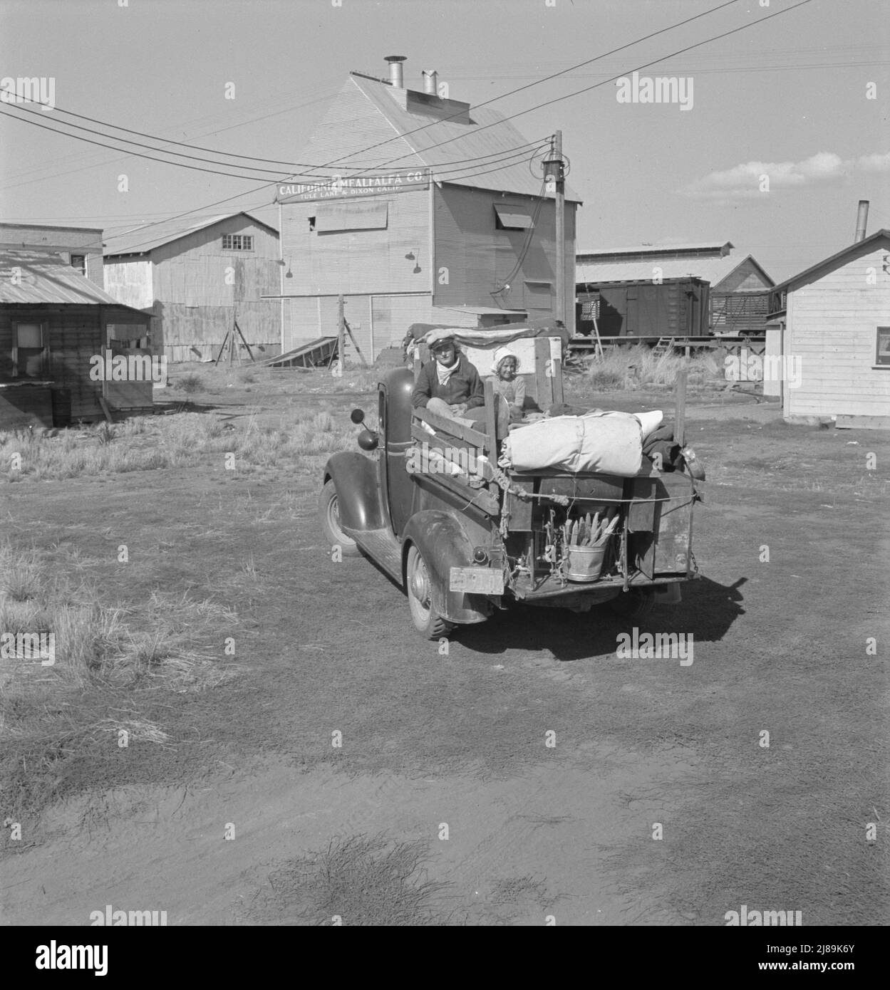 Ein Teil der Familie kommt für die Arbeit in Kartoffeln. Tulelake, Siskiyou County, Kalifornien. Verließ ihre Heimat in der Türkei, Texas, November 1938. Ich habe bis März in Arizona Baumwolle gepflückt. Bis Juni in Oregon gepflückt. Gepflückte Pflaumen in Idaho bis September 15.. [Zeichen: 'California M.F. Alfalfa Co. Tule Lake &amp; Dixon Calif.']. Stockfoto