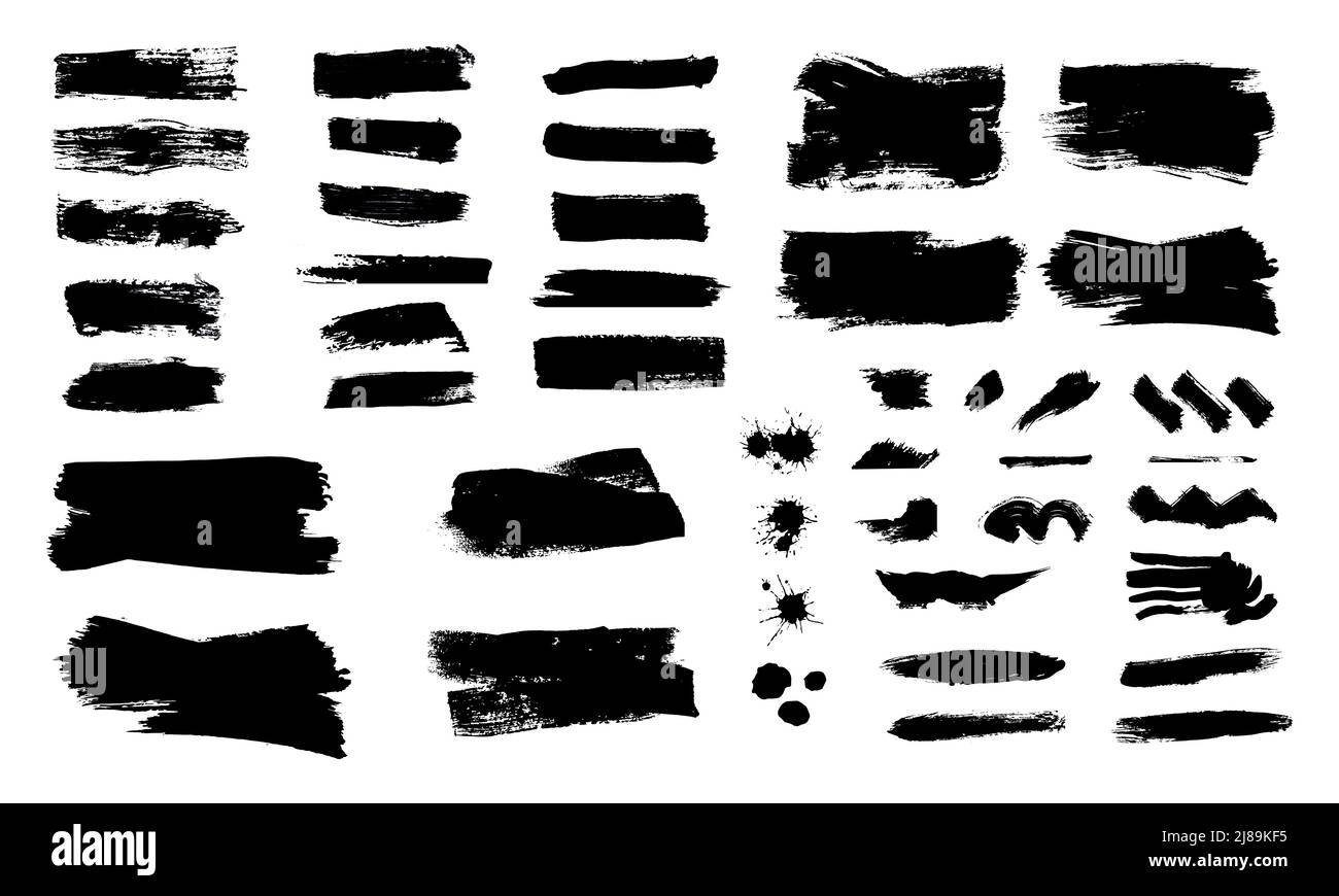 Pinselstriche. Vektor-Pinsel-Set. Grunge Designelemente. Rechteckige Textfelder, Pinselstrich. Schmutzige Distress Texture-Banner. Tintenspritzer. Grungy gemalte Textur isoliert auf weiß Stock Vektor