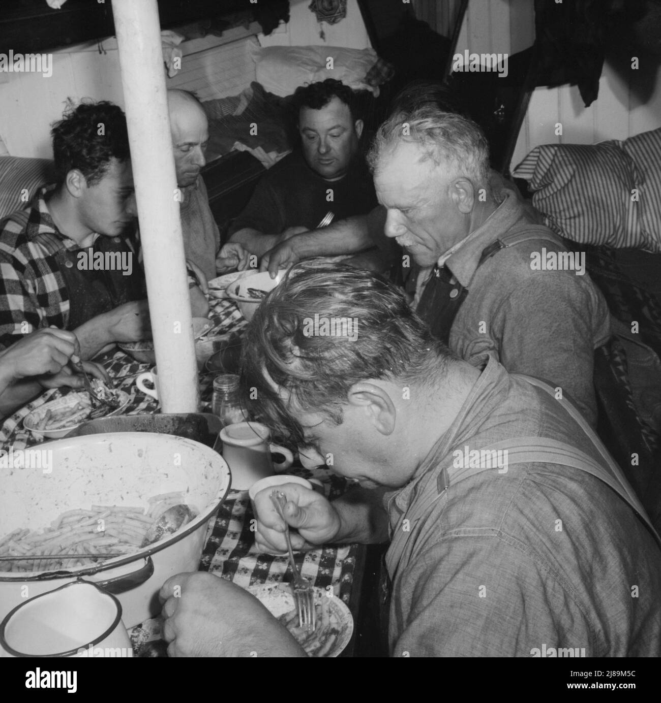 An Bord des Fischerbootes Alden, aus Gloucester, Massachusetts. Italienische Spaghetti werden nach einem harten Arbeitstag serviert. Die Männer essen große Portionen, denn es kann noch zwölf Stunden dauern, bis sie sich zu einer anderen Mahlzeit hinsetzen. Stockfoto