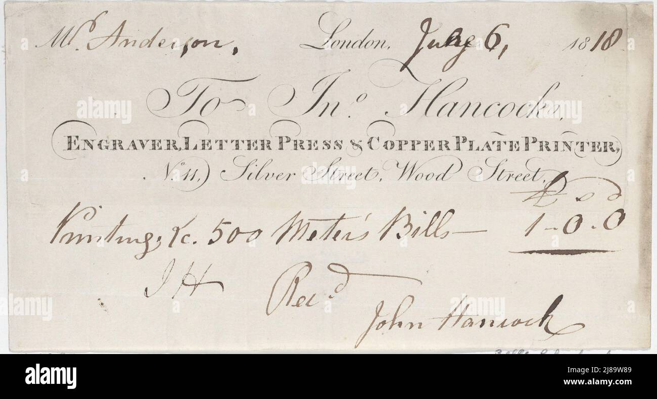 Tauschkarte für John Hancock, Graviermaschine, Letter Press &amp; Kupferplattendrucker, 1818. Stockfoto